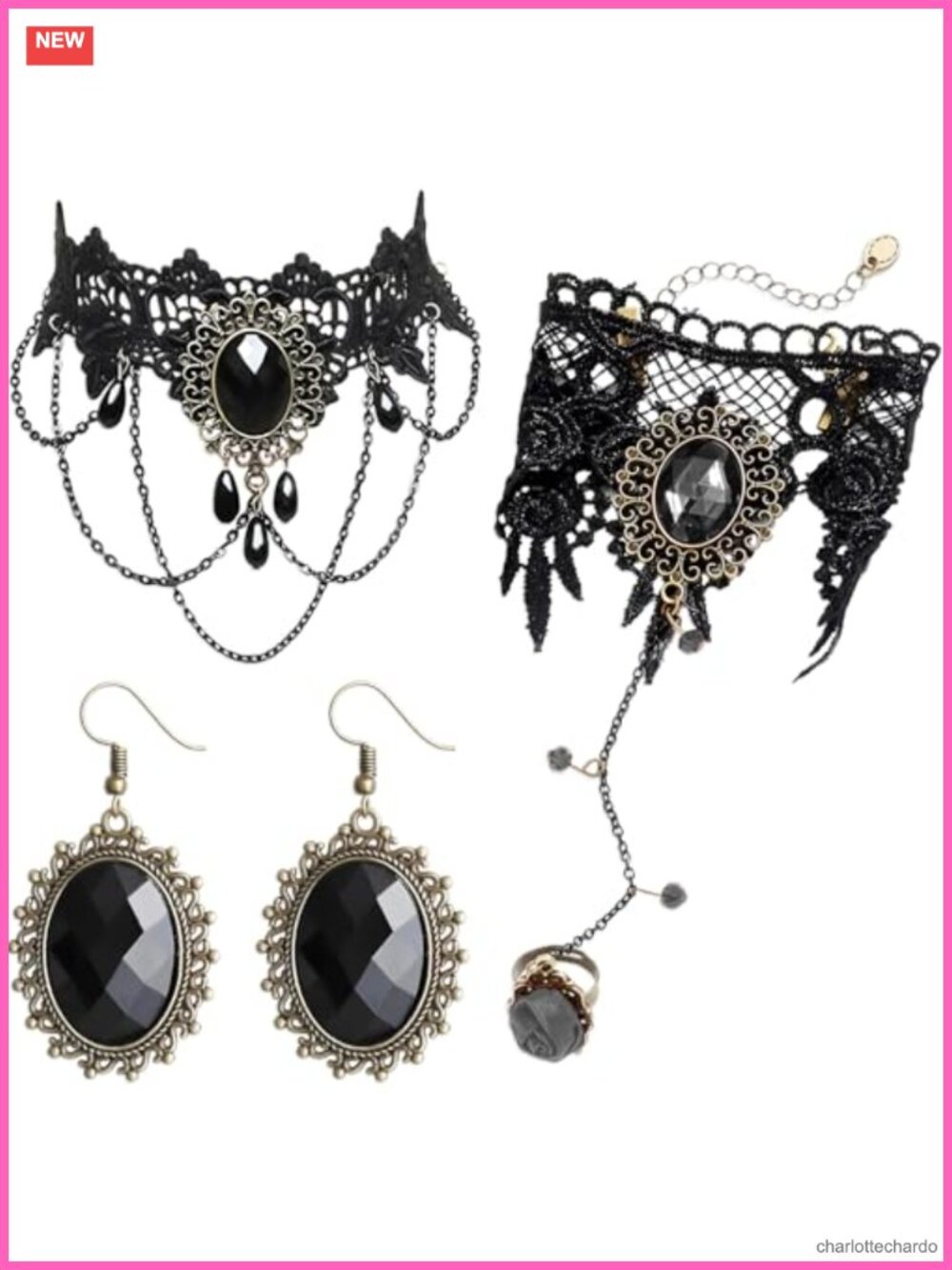 Gothic Choker Necklace Bracelet Earrings Set Lace Zinc Alloy Witch Costume